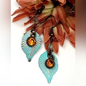 Verdigris Patina Copper Leaf Orange Rhinestone Aqua Blue Czech Glass Earrings 2”